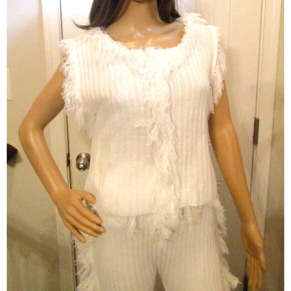 C.H.Y Fashion White Sweater Pant Set Cable Knit 2 Pc Fringe Tassel NWOT Size L - Picture 3 of 11